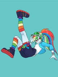 Size: 1620x2160 | Tagged: safe, artist:haibaratomoe, derpibooru import, rainbow dash, better together, equestria girls, festival filters, bracelet, clothes, jacket, jewelry, kicking, ponytail, rainbow socks, shoes, shorts, socks, solo, striped socks, visor