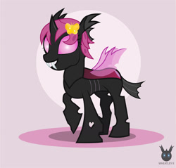 Size: 1332x1275 | Tagged: safe, artist:wheatley r.h., derpibooru exclusive, derpibooru import, oc, oc:lara, butterfly, changeling, brooch, changeling oc, female, gold, happy, jewelry, mare, one hoof raised, pink, pink changeling, simple background, solo, vector, watermark