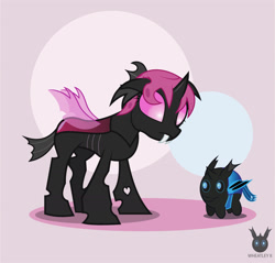 Size: 1332x1275 | Tagged: safe, artist:wheatley r.h., derpibooru exclusive, derpibooru import, oc, oc:lara, oc:w. rhinestone eyes, changeling, blue changeling, changeling oc, chibi, female, honeypot changeling, looking down, male, mare, pink changeling, simple background, stallion, vector, watermark