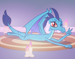 Size: 6969x5489 | Tagged: safe, artist:kmlp, derpibooru exclusive, derpibooru import, princess ember, dragon, absurd resolution, candle, carpet, dragoness, female, imminent snuggles, looking at you, lying down, one eye closed, peace sign, prone, smiling, smiling at you, solo, vector, wings, wink, winking at you