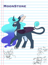 Size: 1280x1707 | Tagged: safe, artist:doodletheexpoodle, derpibooru import, oc, oc:moonstone stellar eclipse, hybrid, pony, ethereal mane, female, lined paper, mare, offspring, parent:big macintosh, parent:princess luna, parent:unnamed oc, parents:canon x oc, parents:lunamac, solo