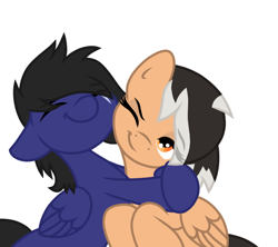 Size: 724x644 | Tagged: safe, artist:froyo15sugarblast, derpibooru import, oc, oc:blu, oc:hearty felt, pegasus, pony, base used, eye clipping through hair, eyes closed, female, friendship, hug, male, mare, not shipping, scar, simple background, stallion, white background