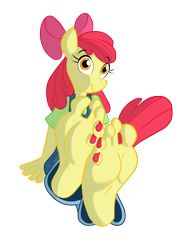 Size: 1500x2007 | Tagged: safe, artist:jinkslizard, derpibooru import, apple bloom, anthro, earth pony, plantigrade anthro, barefoot, equestria girls outfit, feet, fetish, foot fetish, painted nails, soles, solo, toes