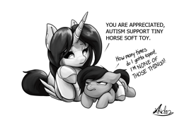 Size: 1500x1000 | Tagged: safe, artist:andromailus, oc, oc only, oc:anon filly, oc:piezo, earth pony, pony, robot, robot pony, dialogue, duo, earth pony oc, female, filly, grayscale, looking at each other, mare, monochrome, prone, signature, simple background, sploot, white background