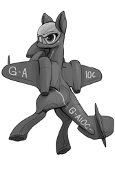 Size: 1000x1500 | Tagged: safe, artist:andromailus, oc, oc only, original species, plane pony, pony, female, gloster meteor, looking at you, looking back, looking back at you, monochrome, plane, simple background, smiling, solo, white background