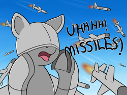 Size: 1600x1200 | Tagged: artist needed, safe, oc, oc only, original species, plane pony, pony, dialogue, flying, missile, open mouth, plane, predator drone, solo