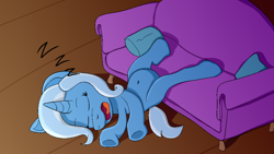 Size: 1920x1080 | Tagged: safe, artist:xppp1n, trixie, pony, unicorn, belly button, eyes closed, female, mare, onomatopoeia, open mouth, pillow, sleeping, snoring, sofa, solo, underhoof, zzz