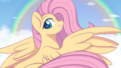 Size: 3840x2160 | Tagged: safe, artist:chickenbrony, derpibooru import, fluttershy, pegasus, pony, cloud, female, grin, high res, looking at you, mare, rainbow, side view, sky background, smiling, smiling at you, solo