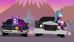 Size: 1200x675 | Tagged: safe, artist:thatradhedgehog, derpibooru import, edit, edited screencap, screencap, aria blaze, sonata dusk, equestria girls, karr, knight rider, the car (1977)