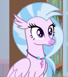 Size: 424x480 | Tagged: safe, screencap, silverstream, sky beak, classical hippogriff, hippogriff, a horse shoe-in, animated, blinking, book, bookshelf, cropped, cute, diastreamies, ears, expressions, female, floppy ears, gif, grin, gritted teeth, happy, jewelry, library, necklace, offscreen character, sad, smiling, solo, solo focus, teenager, waving