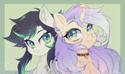 Size: 1827x1083 | Tagged: safe, artist:_spacemonkeyz_, derpibooru import, oc, oc:cecilia, oc:chidori, pegasus, unicorn, bandage, bell, collar, flower, flower in hair, looking at each other, looking at you, smiling