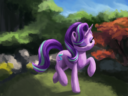 Size: 3000x2250 | Tagged: safe, artist:flusanix, derpibooru import, starlight glimmer, pony, unicorn, female, forest, mare, one eye closed, outdoors, smiling, solo, wink