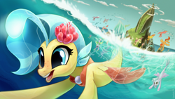 Size: 3020x1698 | Tagged: safe, artist:uzelok21, derpibooru import, princess skystar, silverstream, terramar, hippogriff, seapony (g4), my little pony: the movie, blue eyes, clothes, cloud, commission, diving, dorsal fin, female, fin wings, fins, fish tail, flower, flower in hair, flying, freckles, glow, happy, jewelry, male, mount aris, necklace, ocean, open mouth, pearl necklace, see-through, sky, smiling, spread wings, swimming, tail, transformation, underwater, unnamed character, water, wings