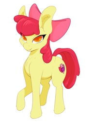 Size: 1600x2100 | Tagged: safe, artist:aquaticvibes, derpibooru import, apple bloom, earth pony, pony, ear fluff, ears, female, filly, raised hoof, raised leg, simple background, solo, white background