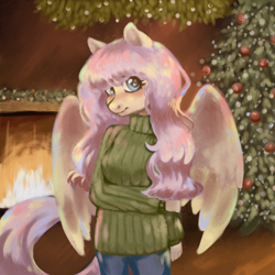 Size: 2000x2000 | Tagged: safe, artist:leeene, derpibooru import, fluttershy, anthro, pegasus, christmas, christmas tree, clothes, female, fire, fireplace, holiday, looking at you, mare, solo, sweater, sweatershy, tree