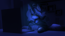 Size: 3620x2020 | Tagged: safe, artist:cosyosy, derpibooru import, princess luna, alicorn, semi-anthro, clothes, computer, computer mouse, hoodie, laptop computer, solo