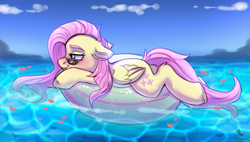 Size: 1890x1072 | Tagged: safe, artist:dinoalpaka, derpibooru import, fluttershy, pegasus, pony, cute, ears, female, floppy ears, inner tube, mare, relaxing, shyabetes, sketch, smiling, solo, sunglasses, water, wings