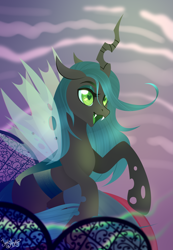 Size: 3031x4368 | Tagged: safe, artist:77jessieponygames77, derpibooru import, queen chrysalis, changeling, changeling queen, fangs, female, heart eyes, open mouth, rearing, solo, wingding eyes