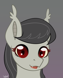 Size: 3000x3672 | Tagged: safe, artist:77jessieponygames77, derpibooru import, octavia melody, bat pony, pony, bat ponified, batavia, bust, ear tufts, fangs, female, gray background, looking at you, mare, race swap, red eyes, simple background, solo, species swap