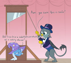 Size: 1800x1600 | Tagged: safe, artist:rocket-lawnchair, derpibooru import, gabby, trixie, griffon, pony, unicorn, assistant, assistant's outfit, bowtie, clothes, drawthread, duo, female, guillotine, hat, magic trick, mare, requested art, this will end in death, too dumb to live, top hat, trixie's hat, tuxedo, worried