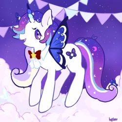 Size: 768x768 | Tagged: safe, artist:hellow, derpibooru import, alicorn, butterfly, pony, bowtie, butterfly wings, cloud, cookie run, cream unicorn cookie, male, ponified, signature, sparkling mane, wings