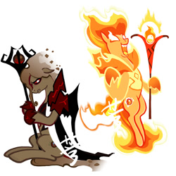 Size: 1200x1200 | Tagged: safe, artist:aq3yqsvcu1hnema, derpibooru import, earth pony, pony, cape, clothes, cookie run, fire spirit cookie, glowing mane, male, mane of fire, ponified, simple background, staff, white background