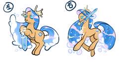 Size: 4005x2000 | Tagged: safe, artist:aq3yqsvcu1hnema, derpibooru import, earth pony, pony, cookie run, eyes closed, female, jewelry, ponified, sea fairy cookie, simple background, sword, text, tiara, water mane, weapon, white background