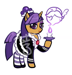 Size: 1420x1483 | Tagged: safe, artist:aq3yqsvcu1hnema, derpibooru import, ghost, pony, undead, unicorn, blackberry cookie, candle, clothes, cookie run, female, hair bun, lipstick, maid, makeup, ponified, simple background, socks, solo, watermark, white background