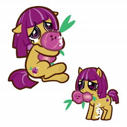 Size: 2362x2362 | Tagged: safe, artist:aq3yqsvcu1hnema, derpibooru import, earth pony, pony, cookie run, crying, female, filly, hug, onion cookie, plushie, ponified, sad, simple background, text, white background