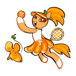 Size: 2000x2000 | Tagged: safe, artist:aq3yqsvcu1hnema, derpibooru import, earth pony, mouse, pony, ball, clothes, cookie run, dress, female, one eye closed, open mouth, orange cookie, ponified, ponytail, simple background, solo, tennis ball, tennis racket, text, white background