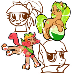 Size: 2000x2000 | Tagged: safe, artist:aq3yqsvcu1hnema, derpibooru import, earth pony, pony, bandana, beach ball, close-up, clothes, cookie run, grapefruit cookie, helmet, lemon cookie, lime cookie, one eye closed, orange cookie, ponified, ponytail, roller skates, simple background, text, white background, wink