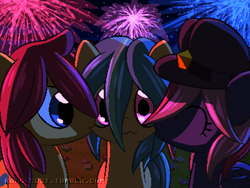 Size: 800x600 | Tagged: safe, artist:rangelost, derpibooru import, oc, oc only, oc:moonflower, oc:trailblazer, oc:windcaller, bat pony, earth pony, pony, bat pony oc, female, fireworks, hat, kissing, male, mare, pixel art, stallion, trio, watermark