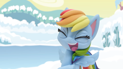 Size: 1920x1080 | Tagged: safe, derpibooru import, screencap, rainbow dash, pegasus, pony, my little pony: stop motion short, snow pony contest (short), eyes closed, female, laughing, open mouth, snow, solo, stop motion