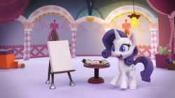 Size: 1920x1080 | Tagged: safe, derpibooru import, screencap, rarity, pony, unicorn, my little pony: stop motion short, rarity's paintful pony portrait, canvas, carousel boutique, excited, female, open mouth, paint, paint tool sai, paintbrush, solo, stop motion