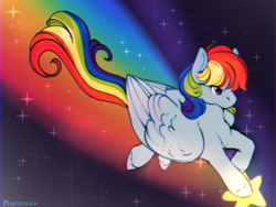 Size: 1024x768 | Tagged: safe, artist:pigeorgien, derpibooru import, rainbow dash, pegasus, pony, cute, dashabetes, female, mare, rainbow trail, running, solo, sparkles