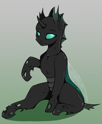 Size: 2058x2480 | Tagged: safe, artist:wbp, derpibooru import, oc, changeling, gradient background, green changeling, sitting, solo