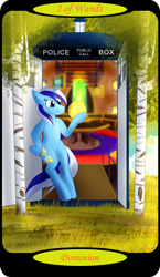 Size: 1500x2595 | Tagged: safe, artist:sixes&sevens, derpibooru import, part of a set, minuette, unicorn, bipedal, bipedal leaning, crystal ball, doctor who, female, grass, leaning, minor arcana, outdoors, solo, tardis, tarot card, tree, two of wands