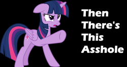 Size: 6392x3376 | Tagged: safe, artist:cloudyglow, artist:twilyisbestpone, derpibooru exclusive, derpibooru import, twilight sparkle, twilight sparkle (alicorn), alicorn, pony, and then there's this asshole, angry, black background, female, mare, open mouth, pointing, raised hoof, raised leg, simple background, solo, vector, vulgar