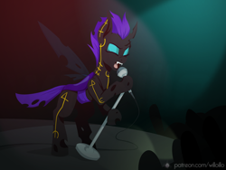 Size: 1600x1200 | Tagged: safe, artist:willoillo, derpibooru import, oc, oc only, oc:eris, changeling, changeling oc, commission, microphone, purple changeling, solo