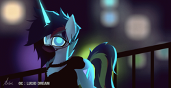 Size: 3000x1550 | Tagged: safe, artist:astril, derpibooru import, oc, oc only, oc:lucidream, unicorn, blue eyes, clothes, cutie mark, face mask, film grain, hoodie, horn, jewelry, looking at you, magic, magic aura, male, mask, melancholy, necklace, night, piercing, unicorn oc, walking