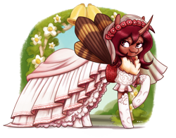 Size: 2500x1955 | Tagged: safe, artist:king-kakapo, derpibooru import, oc, oc only, oc:flechette, changeling, hybrid, moth, mothling, original species, bells, clothes, dress, female, flower, flower in hair, horn, red changeling, simple background, socks, solo, transparent background, veil, wedding dress