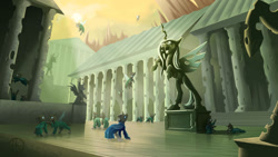 Size: 1280x720 | Tagged: safe, artist:klarapl, derpibooru import, queen chrysalis, changeling, building, clothes, pillar, statue