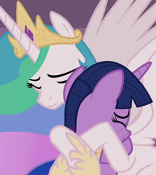 Size: 870x974 | Tagged: safe, derpibooru import, screencap, princess celestia, twilight sparkle, twilight sparkle (alicorn), alicorn, pony, the summer sun setback, awww, cropped, crown, cute, cutelestia, duo, eyes closed, female, hoof shoes, hug, jewelry, mare, regalia, smiling, spread wings, twiabetes, wings