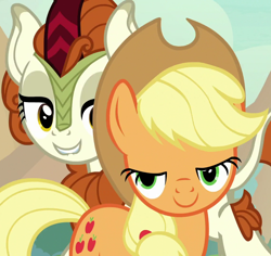 Size: 1144x1080 | Tagged: safe, derpibooru import, screencap, applejack, autumn blaze, earth pony, kirin, pony, sounds of silence, bedroom eyes, cropped, duo, female, implied autumnjack, lidded eyes, lip bite, mare, mid-blink screencap, out of context, smiling