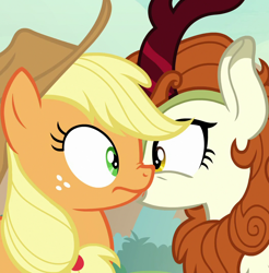 Size: 1062x1080 | Tagged: safe, derpibooru import, screencap, applejack, autumn blaze, earth pony, kirin, pony, sounds of silence, cropped, duo, eye contact, female, looking at each other, mare, out of context