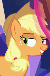 Size: 276x418 | Tagged: safe, derpibooru import, screencap, applejack, earth pony, pony, sounds of silence, animated, cropped, female, gif, lidded eyes, mare, one eye closed, smiling, solo focus, wink