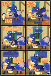Size: 3255x4838 | Tagged: safe, artist:gutovi, derpibooru import, applejack, princess luna, alicorn, earth pony, pony, comic:why me!?, alternate ending, comic, cuddling, cute, ears, female, floppy ears, hat, lesbian, lidded eyes, looking at each other, lunajack, shipping, show accurate, snuggling, sweet apple acres, tree