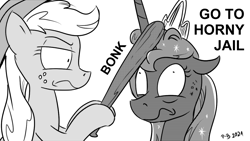 Size: 1200x675 | Tagged: safe, artist:pony-berserker, derpibooru import, applejack, princess luna, pony, pony-berserker's twitter sketches, baseball bat, bonk, horny jail, stippling