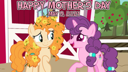 Size: 2063x1161 | Tagged: safe, artist:not-yet-a-brony, derpibooru import, pear butter, sugar belle, earth pony, unicorn, 2021, barn, embarrassed, heartwarming, if only, messy mane, mother and daughter-in-law, mother's day, oops, sweet apple acres