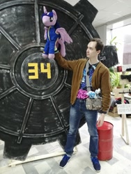 Size: 768x1024 | Tagged: safe, derpibooru import, trixie, twilight sparkle, human, fallout equestria, 2021, cyrillic, irl, irl human, newbronycon, photo, plushie, rubronycon, russian, vault door